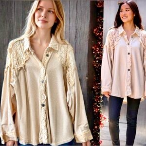 POL Ivory Lace Patchwork Shacket Boho Cottagecore Festival Layering Jacket L NEW